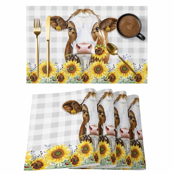 Farmhouse Cow Placemats Set of 12 Vintage Country Sunflower Gray Plaid Place Mats Indoor Wipeable Table Mats Washable Cloth Dining Table Placemats for Kitchen Holiday Party Home Decor 13x19 Inch