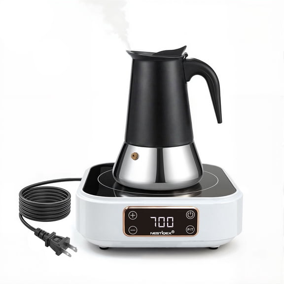 Abangdun 700W 120V Mini Induction Cooktop with Stainless Steel Moka Pot 4 Cup (5.7 Oz)– Stovetop Espresso Maker Set, Espresso Stove Top Coffee Maker for RV, Travel, Small Kitchen Electric Stove