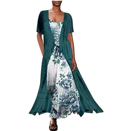 

TIHLMK Tops Deals Clearance Women s Fashion Casual Chiffon Short Sleeve Loose Shawl Two-Piece Camies Dress With Straps
