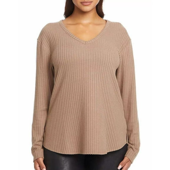 Chaser Ladies' Long Sleeve Lightweight V-Neck Top (Brown, M)