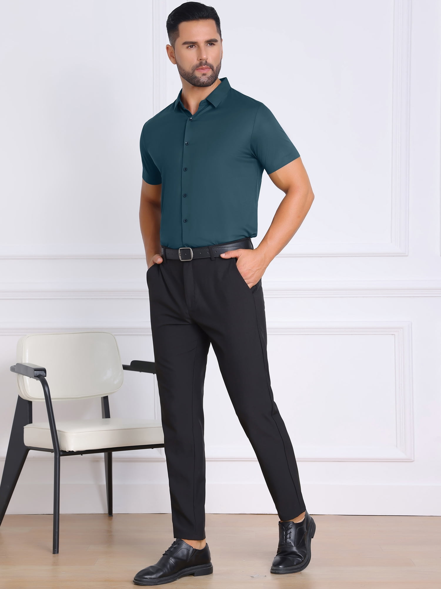 DARING DIVA Men's Button Down Point Collar Short Sleeve Business Dress Shirt M Green