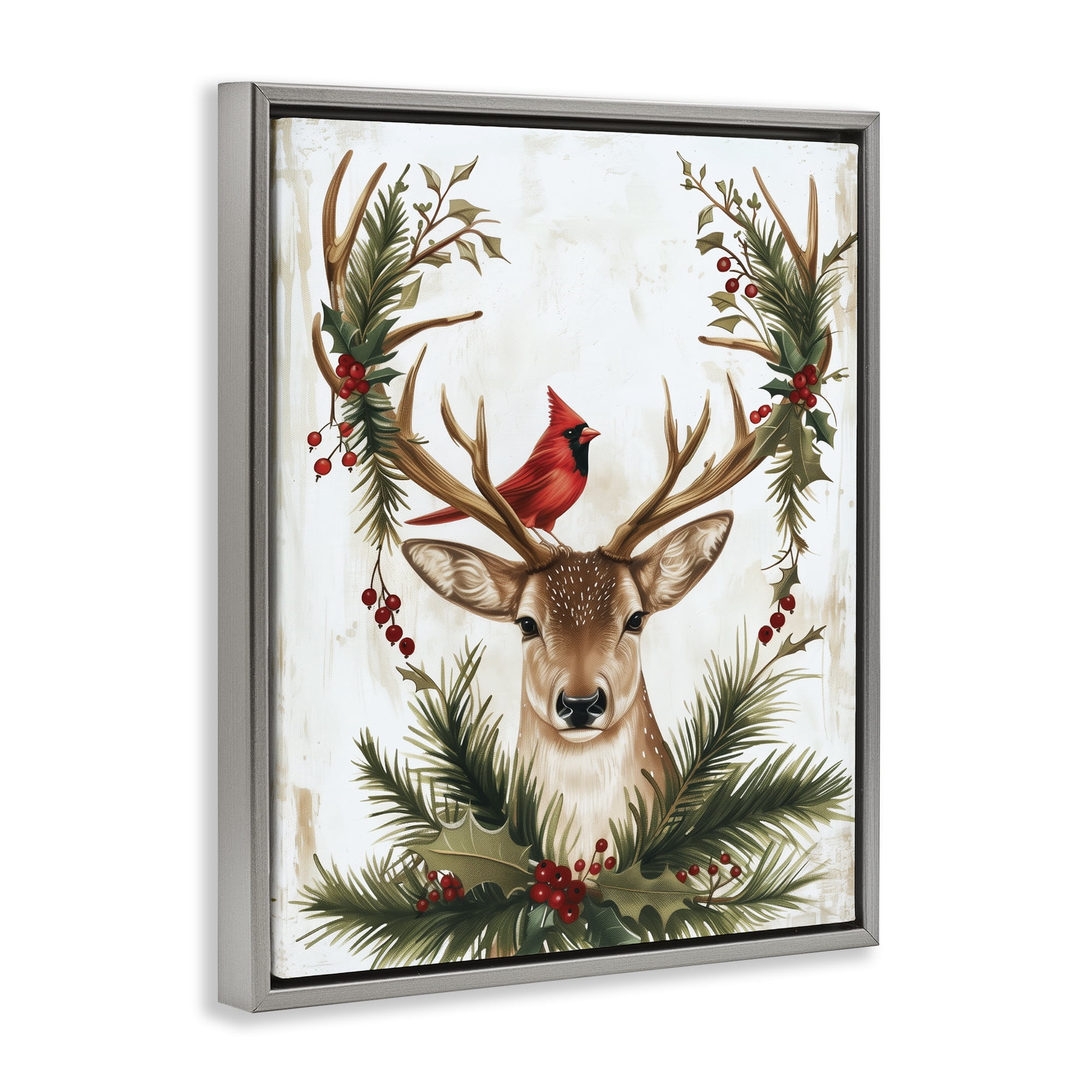 Stupell Industries Cardinal & Deer with Festive Flora Gray Framed Floater Canvas Wall Art, design by Acorn & Ivory Designs