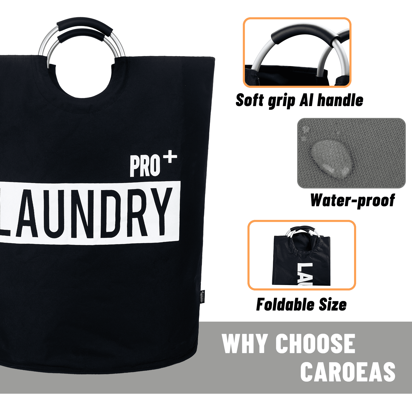 Caroeas Super Large 150L Laundry Basket Pro, Waterproof Laundry Hamper, Collapsible Laundry Basket Easy Storage, Clothes Hamper Stands Up Well, Laundry Bag with Padded Handles (Black)