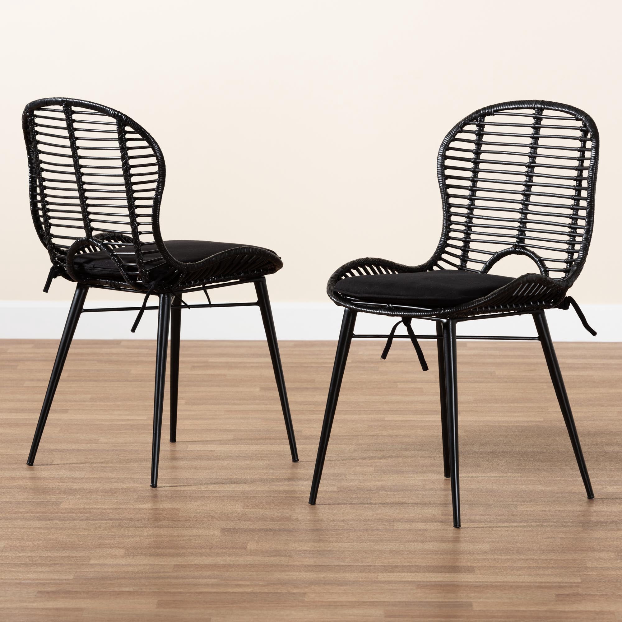 bali & pari Brenna Rattan BOHO Dining Chairs, Set of 2, Black
