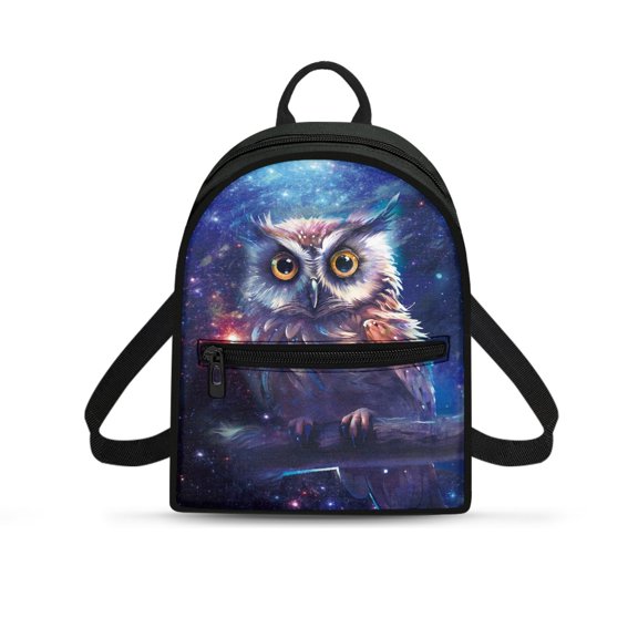 Eheartsgir Galaxy Owl Pattern Mini Backpack Purse, Water-Resistant Polyester Small Backpack for Dating Travel, Zipper Compartment Travel Daypack