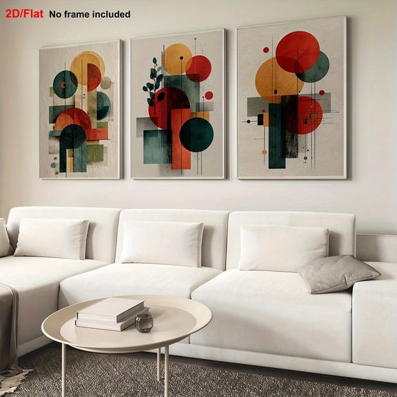 3pcs Minimalist Retro Japanese Abstract Art Set - Geometric Circles And Lines Print, Wabi - Sabi Style Digital Wall Decor, 2D Frameless Canvas Art for Living Room, Kitchen, Bathroom, Bedroom, Restau