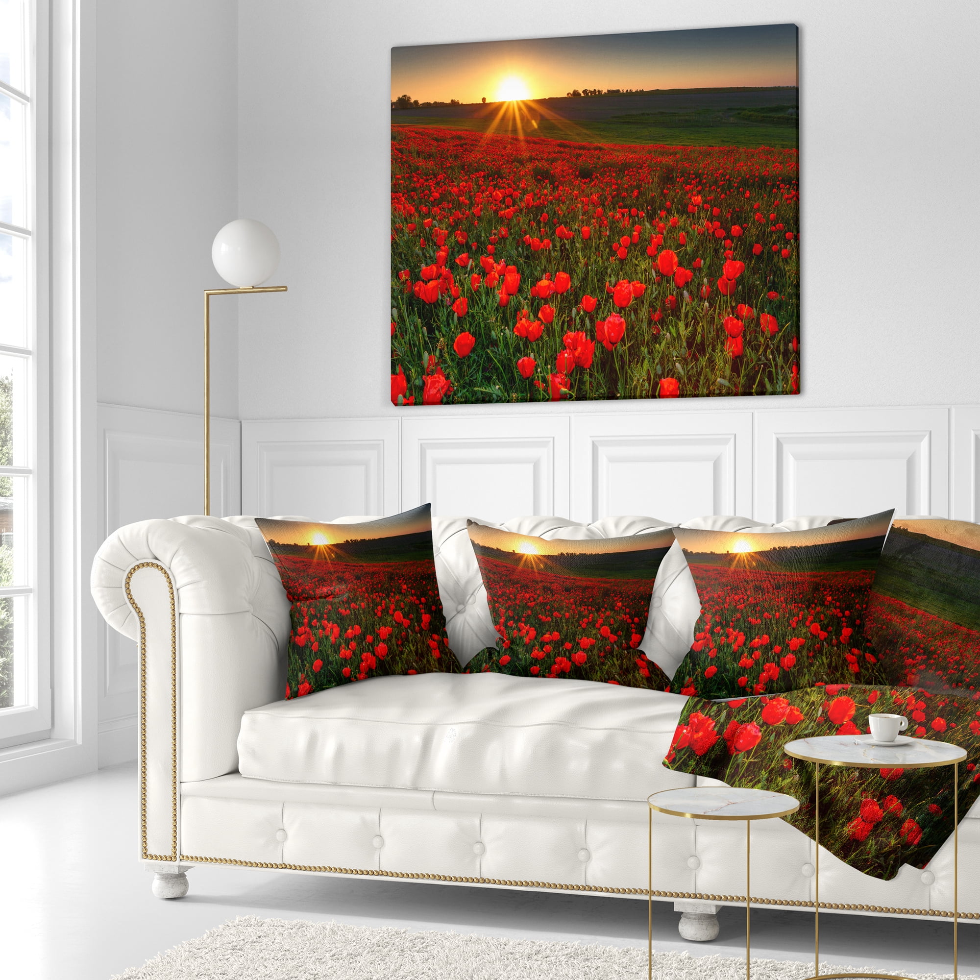 Designart Sunset over Garden with Red Poppies - Floral Throw Pillow - 16x16