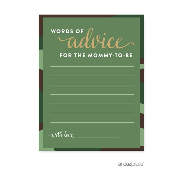 Advice Cards Green Woodland Camouflage Boy Baby Shower Game, 20-Pack