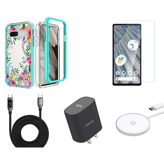 BD Hybrid Protector Case for Google Pixel 7a (Colorful Flowers on Teal) with Screen Protectors, Wireless Charger, UL Listed USB-C Wall Charger, Digital USB-C Cable