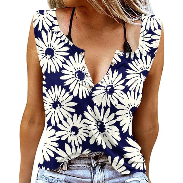 Fiudx Liquidación de Ahorros de Verano Camiseta Sin Mangas con Estampado de Flores y Plantas de Verano a La Moda para Mujer, Camiseta Informal, Camiseta Holgada