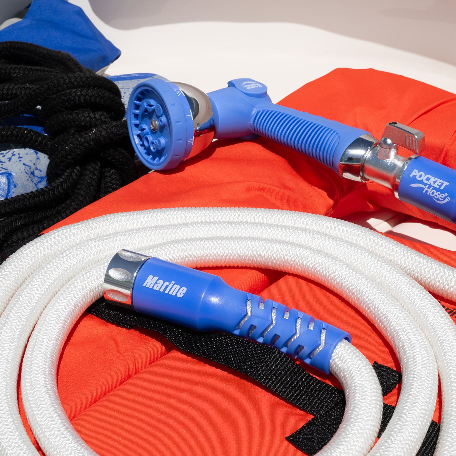 Pocket Hose Marine, Expandable, White, Scuff Free, 50ft, 3/4in, On/Off Valve, BONUS 10 Pattern Sprayer + Quick Dry Storage Bag AS SEEN ON TV Solid Aluminum/Lead-Free, Lightweight, No-Kink, All Boats