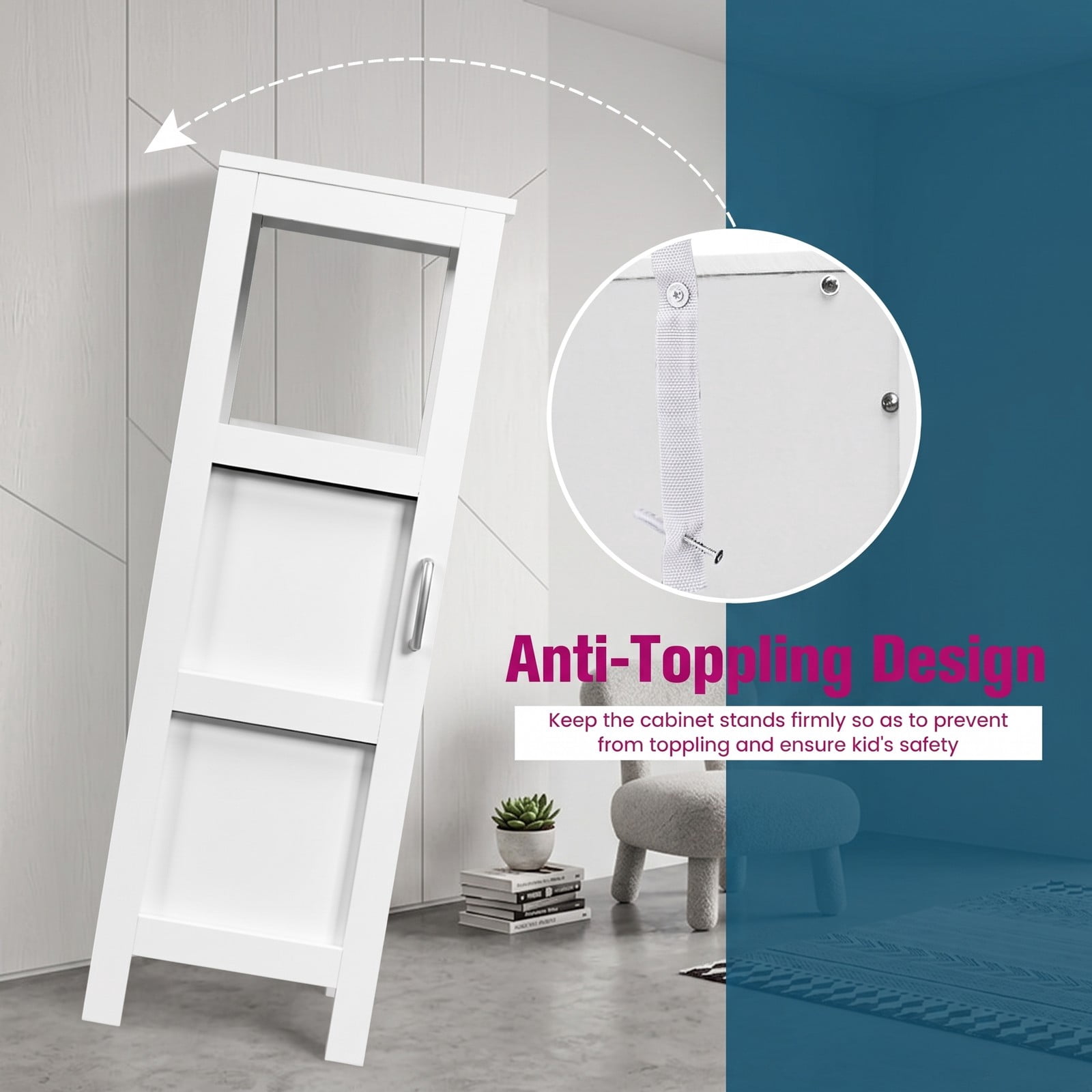 ALPULON Floor Cabinet Multifunction Storage Rack Stand Organizer, Freestanding Bathroom Storage Cabinet with 2 Drawers and 3 Open Shelves for Living Room, White