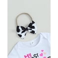 thumbnail image 6 of Suealasg Newborn Girls 3Pcs Western Outfit 3M 6M 12M 18M Toddler Baby Girl Spring Clothes Infant Girls Short Sleeve Cow Print Romper + Elastic Waist Flare Pants + 3D Bow Headband, 6 of 9