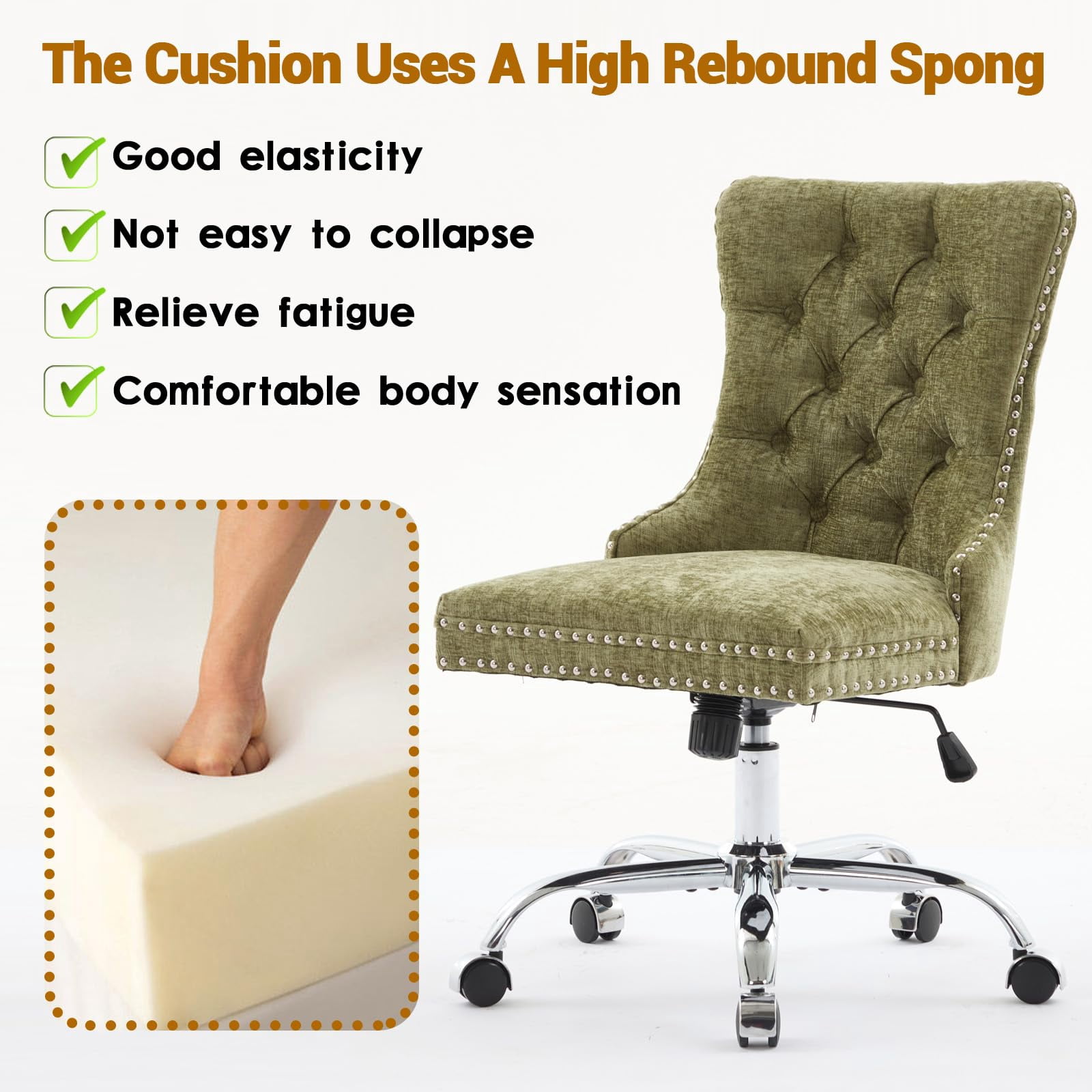 Pawverly Velvet Upholstered Office Chair, Tufted Button Swivel Desk Chair with Adjustable Height, Gold Metal Base & Wheels, Modern Vanity Chair, Green