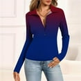 thumbnail image 2 of STICHOU Women's Polo Shirts Slim Fitted Gradient Graphic Deep V Neck Tops Long Sleeve Button Down Casual Collared Tee Trendy Blouses Dark Blue L, 2 of 3