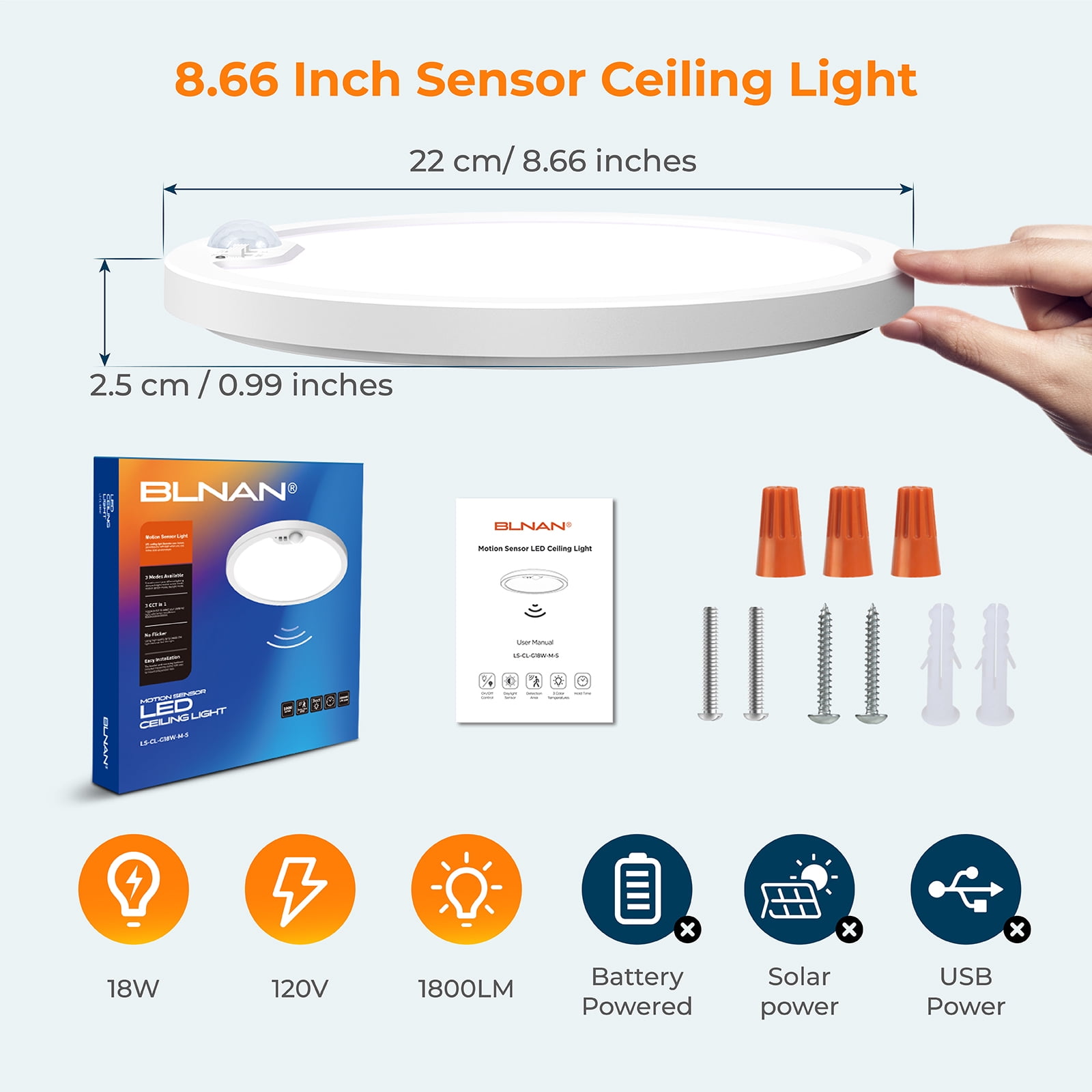 BLNAN 8.7'' Motion Sensor Ceiling Light Wired,3000K/4000K/5000K Selectable Infrared sensor LED Light, Motion Activated Light with Timer for Hallway, Garage,4PCS