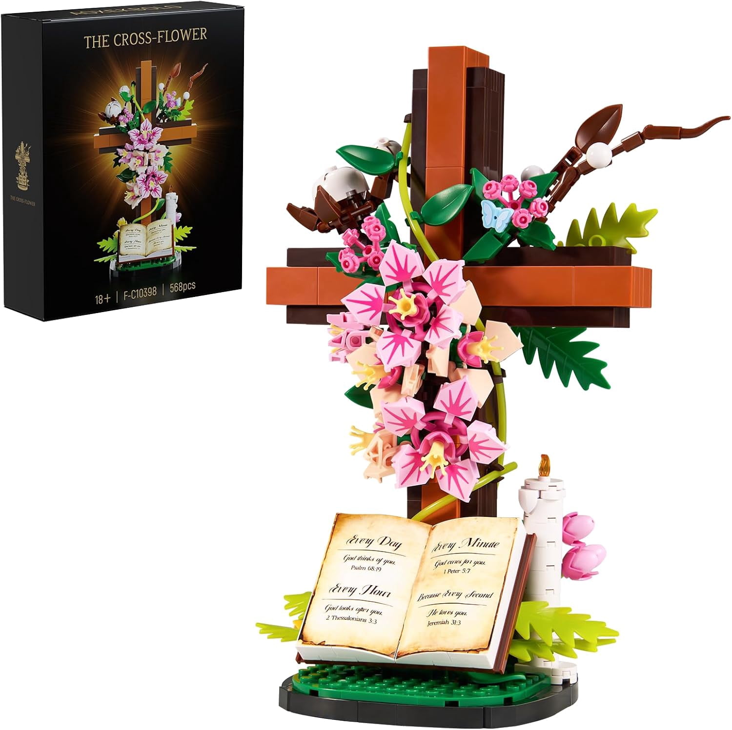Catholic Jesus Cross Flower Building Blocks Set 568pcs Religious Bricks Toys Easter, Christian, Birthday Gifts Kit