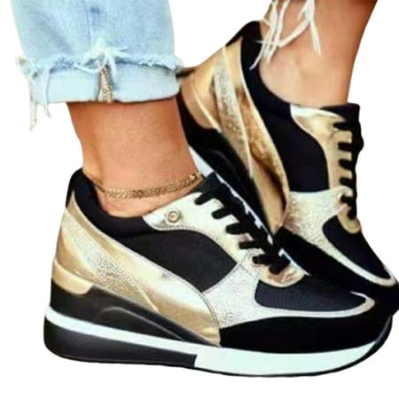 

Women s Wedge Sneakers High Heeld Lace Up Walking Shoes Casual Platform Sneakers 37 Gold
