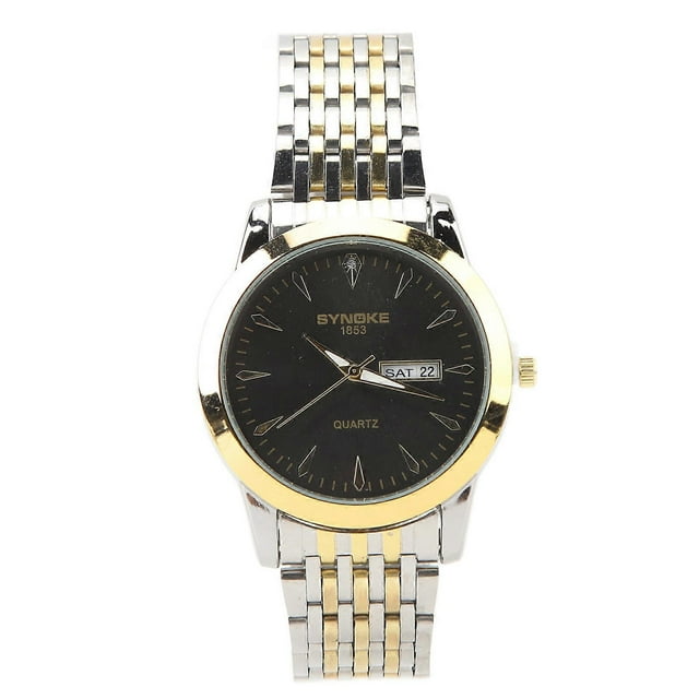 Men's Classic Elegant Stainless Steel Quartz Watch with Dual Date, Gold and Silver Bracelet, Black Dial