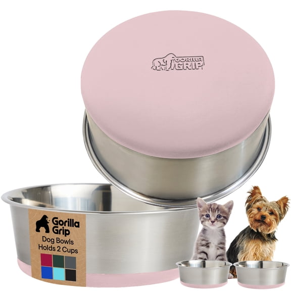 GORILLA GRIP Dog Bowl Set of 2, Food Grade 304 Stainless Steel, Silicone Base, Holds 2 Cups, Pink