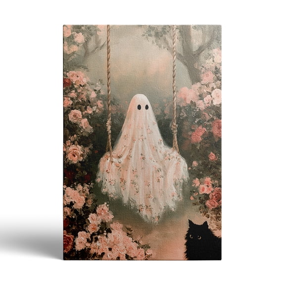 Pioneer Art Cute Ghost Swing Floral Garden Vintage Halloween Wall Art For Bedroom 12x8 Inch