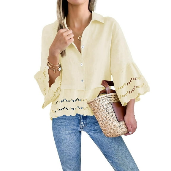 Womens 3/4 Bell Sleeve Button Down Shirts Casual Ruffle Hem Tops Eyelet Blouse Light Yellow L