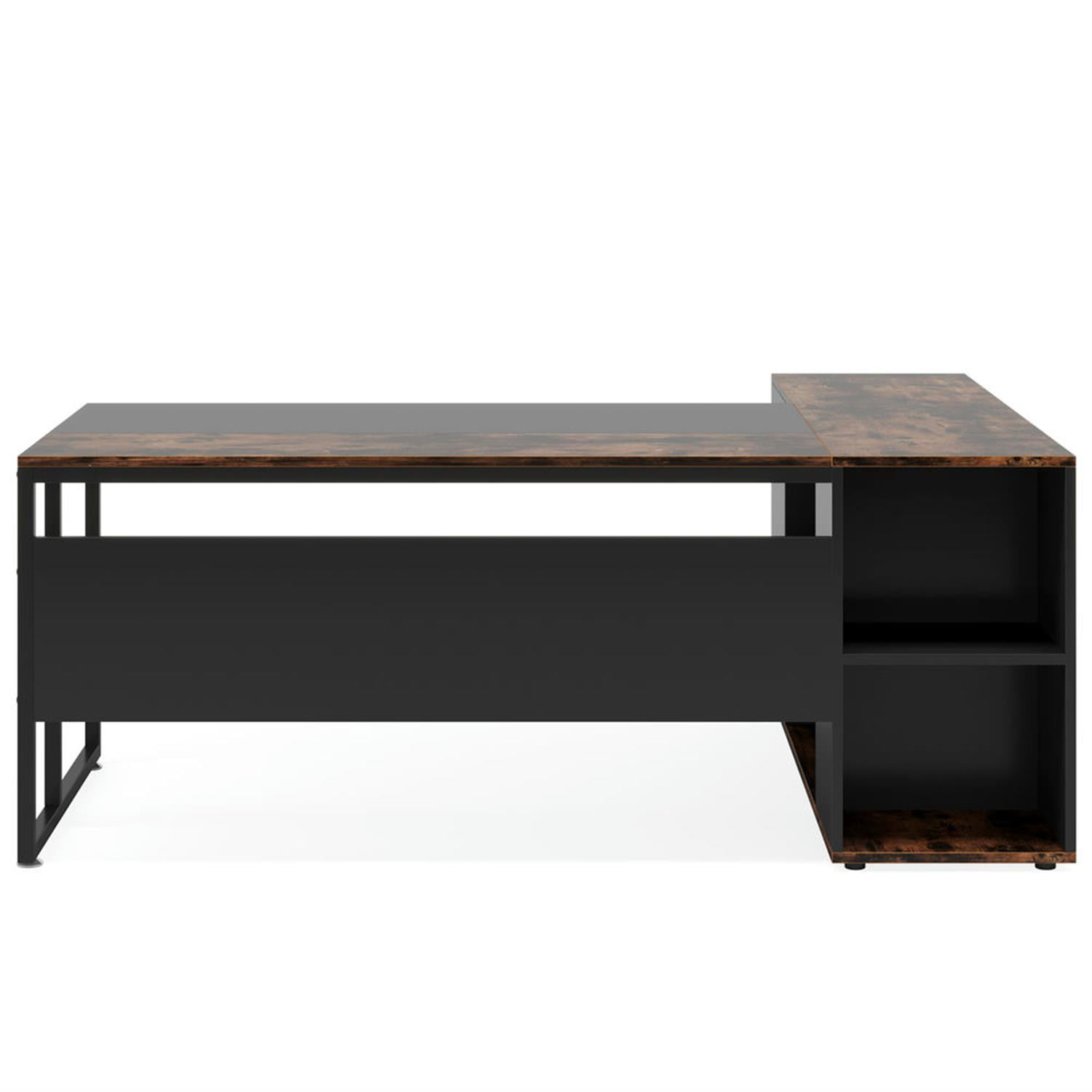 Demi Bonn Modern L Shaped Gaming Desk, 71" Executive Desk with Shelves and Lateral File Cabinet for Home Office, Brown