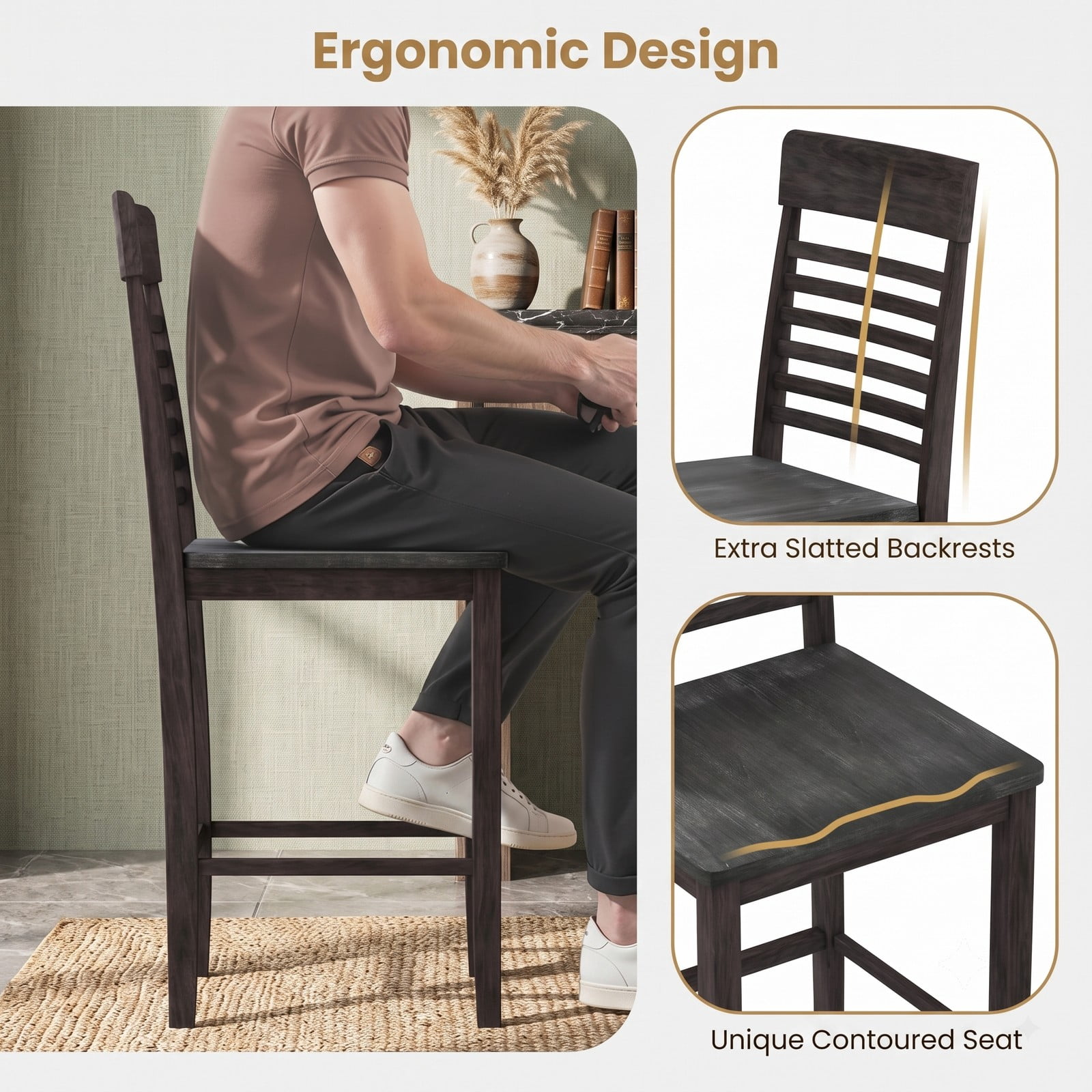 Furnibear Dining Chair Set of 2 with Footrests, Solid Rubber Wood Frame, Slatted Backrest Ergonomic Kitchen Side Chairs for Dining Room, Guest Room, 310 lbs, Gray