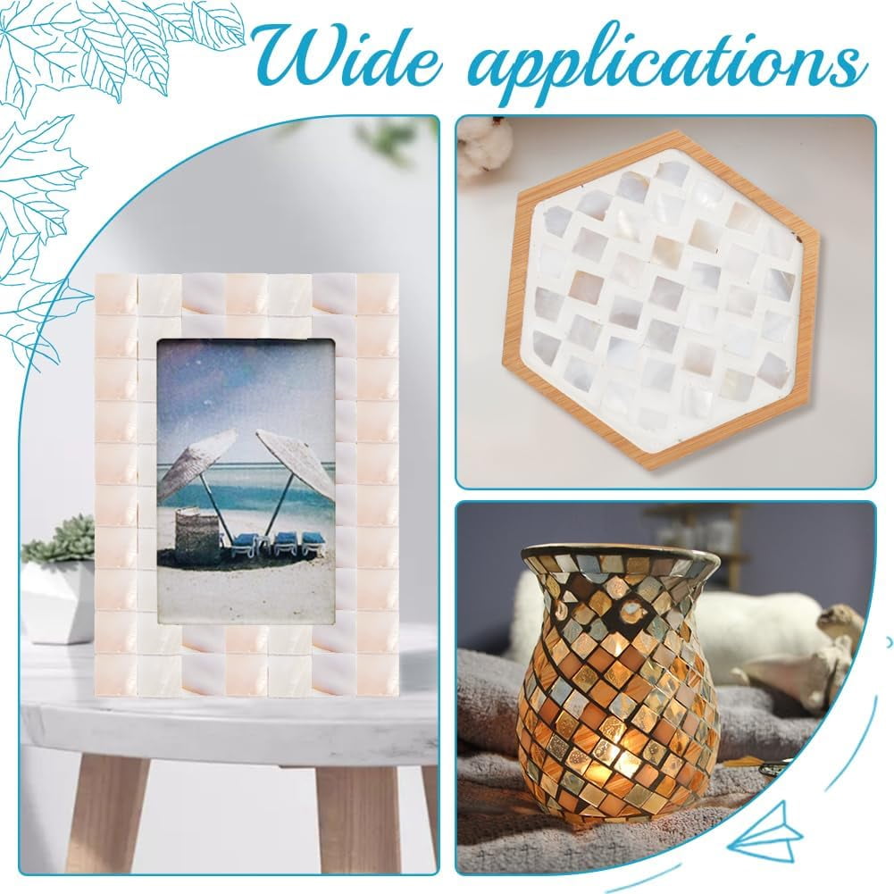 500 Pcs Natural Shell Mosaic Tiles 10x10mm Floral White Shell Square Cabochons Mosaic Mother of Pearl Pieces Bulk Shell Mosaic Tiles for DIY Mosaic Art Crafts Home Decorations