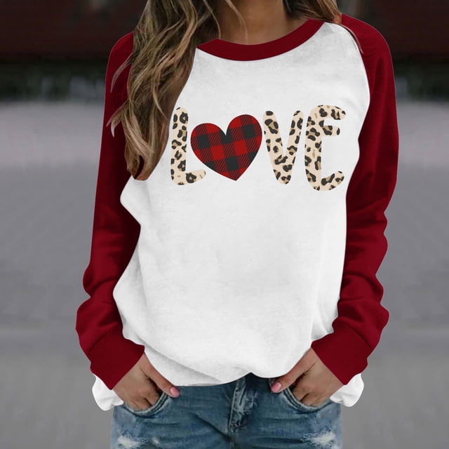 Amzcrzy Chandails en Molleton à Manches Longues pour Femmes, Chandails de la Saint-Valentin pour Femmes, Imprimé Lettre, Col Rond, Raglan, Décontracté, Chandail à Capuche Imprimé, Chandails en Molleton de la Saint-Valentin pour Femmes 2TG