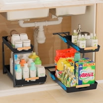 2 Pack Under Sink Organizer Pull 0ut, 3 Height Adjustable Under Kitchen Sink 0rganizer and Storage Black, 2 Tier Double Sliding Drawer Cabinet Organizer for Kitchen Bathroom Pantry