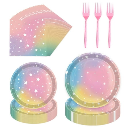 96 Pcs Colorful Paper Tableware Set for Birthday Party Table Decorations, Star Theme Paper Plates and Napkins with Pink Plastic Forks for Girls Women Birthday Party Supplies (Serve 24)