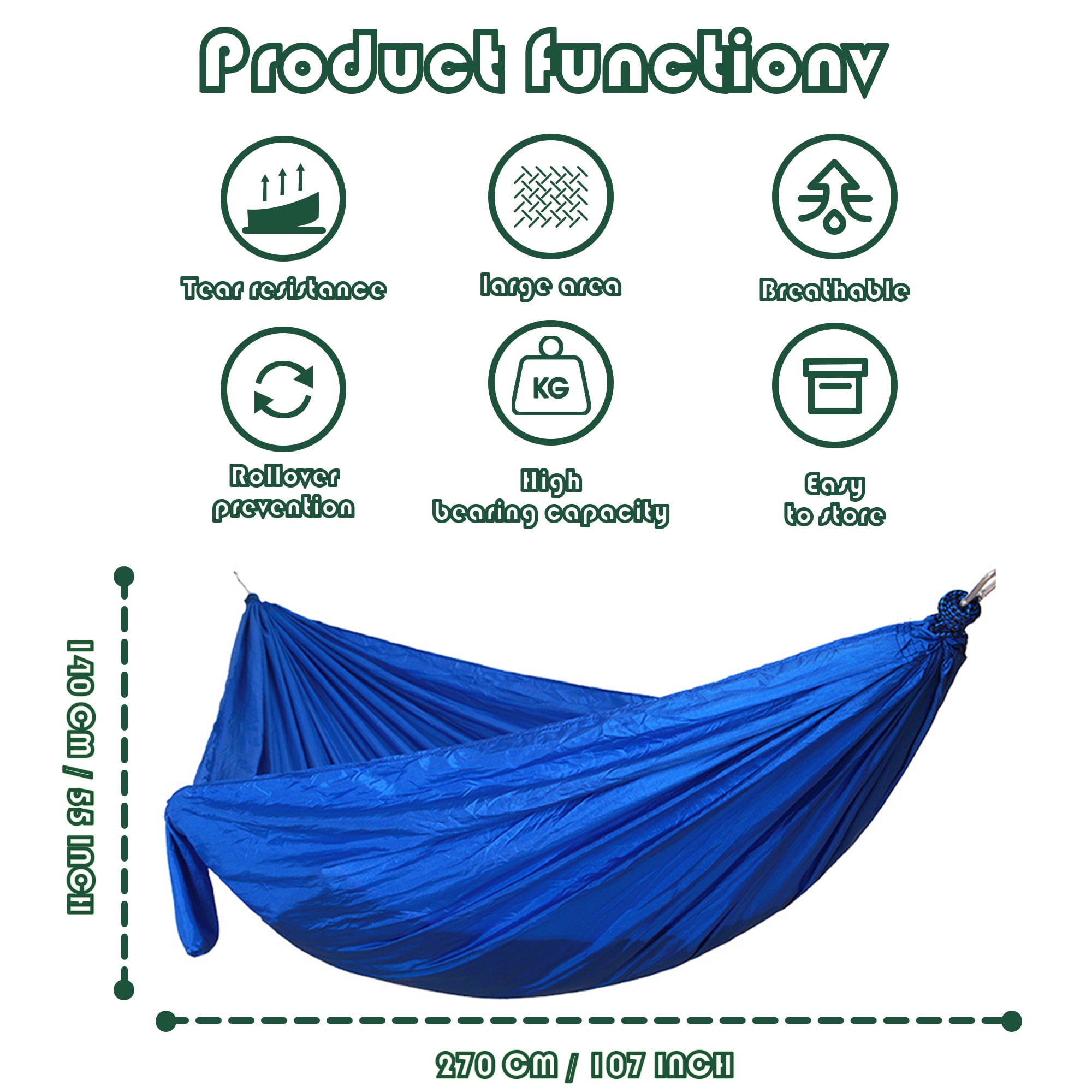 BIRLON Blue Nylon Camping Hammock, with 2 Steel Buckles and Rope, 106.3 x 55.1 inches Single Hammock