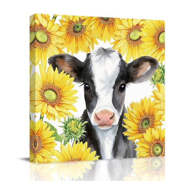Farm Cow Sunflower Canvas Wall Art for Living Room, Country Farmhouse Cow Yellow Flower Poster Print Painting for Bedroom Office Home Decoration Wall Pictures Prepare To Hang 12"x12"