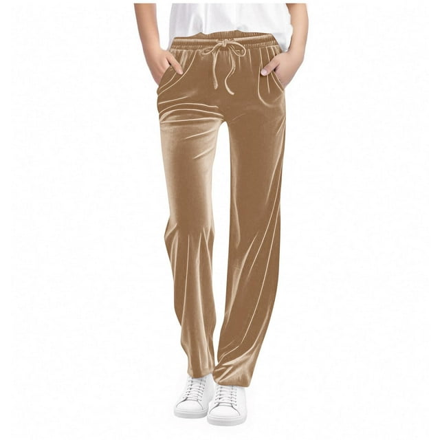 aidice Teen Girls Clothes Casual Velvet Pants Drawstring Elastic Waisted Straight Leg Loose Children Trousers with Pockets