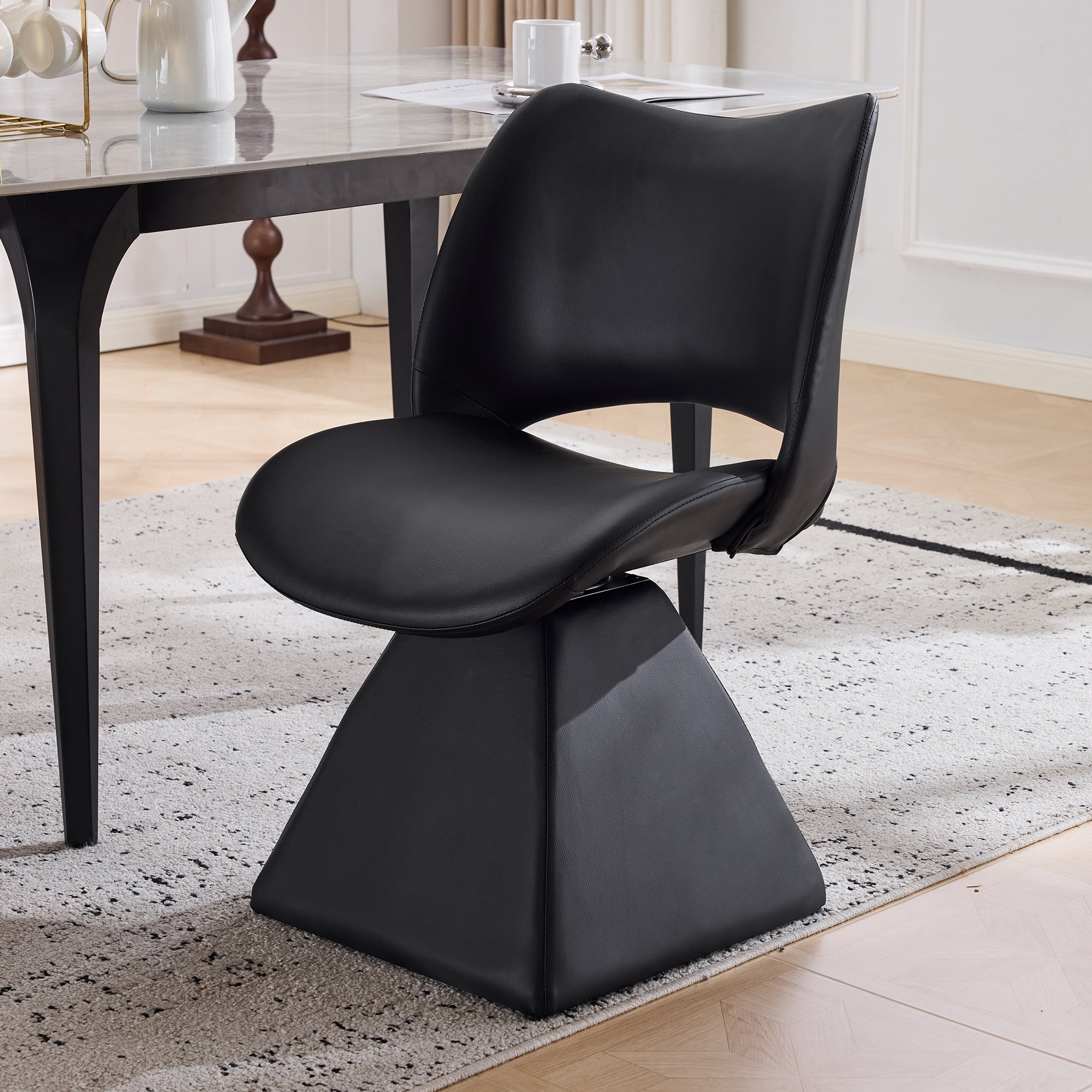 HOQBN Modern Swivel Dining Chair with Faux Leather, 360-Degree Upholstery Dining Chair with High Curved Back for Kitchen, Dining Room,Black