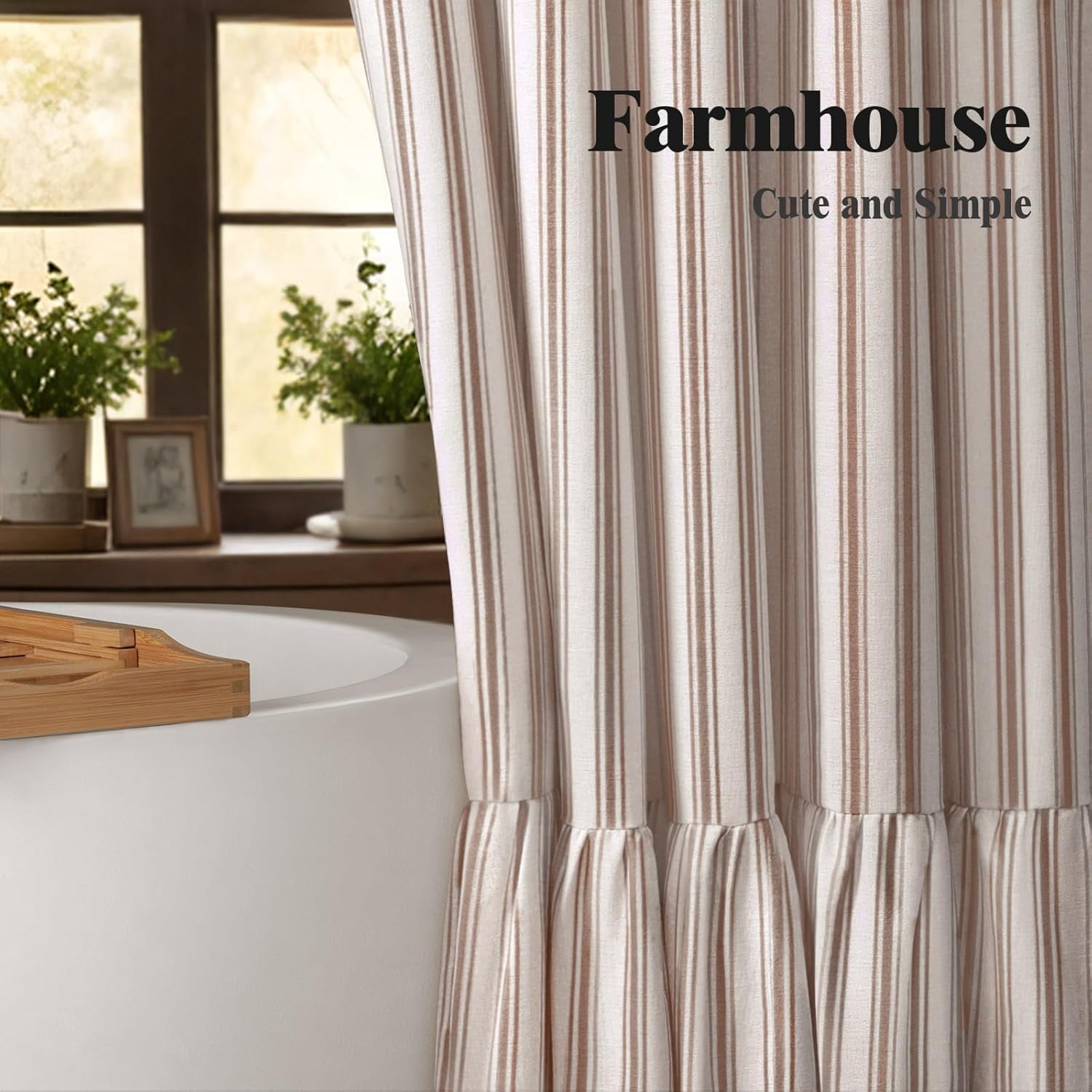 Boho Farmhouse Shower Curtain with Ruffle Hem, Linen Textured White Shower Curtains for Bathroom Vintage Rustic Fabric, Brown Stripe 72" W x 72" L