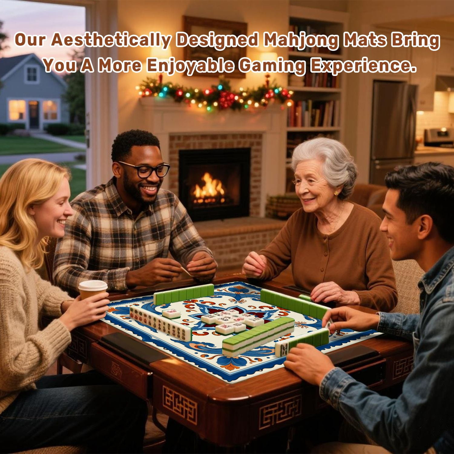 Mahjong Mat 31.5" x 31.5" Ornamental Floral Tile Blue Orange Symmetrical Design Non-Slip Noise Reduction American Mahjong Tiles Table Cover for Dominoes Poker Card Board Games Gift
