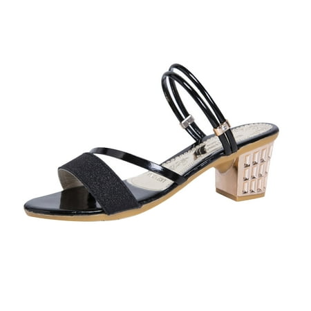 

Kukoosong Heeled Sandals Womens Summer Casual Round-toe Slippers Chunky Heel Middle Heel Fashion Solid Color Slippers Womens Sandals Black 40