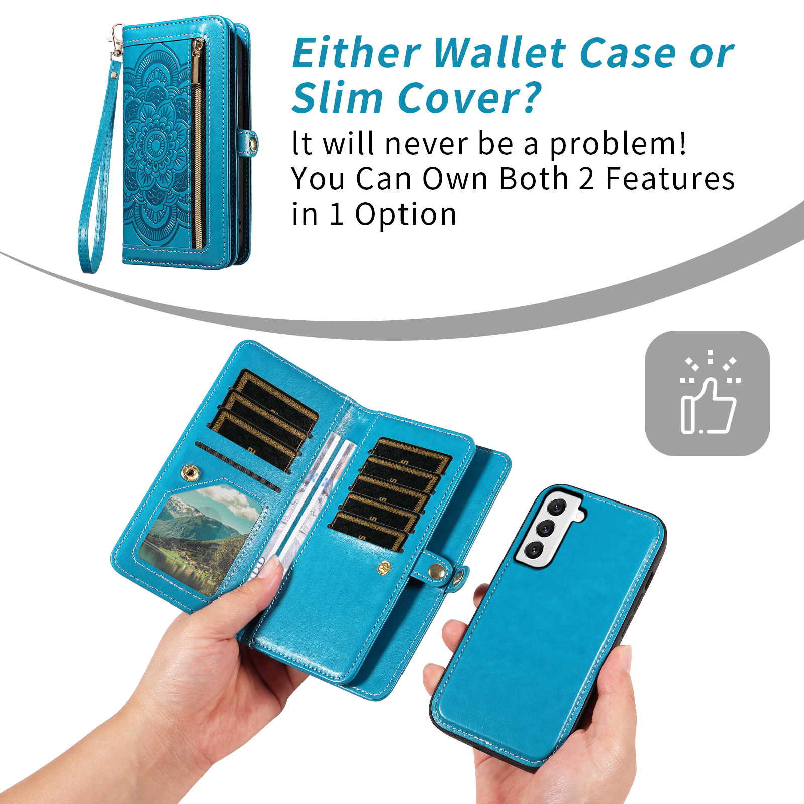 Asuwish Phone Case for Samsung Galaxy S22 5G Zipper Wallet Detachable Cell Cover with Tempered Glass Screen Protector Crossbody Strap Flower Flip Card Holder S 22 22S 4G G5 6.1 inch Women Girls Blue