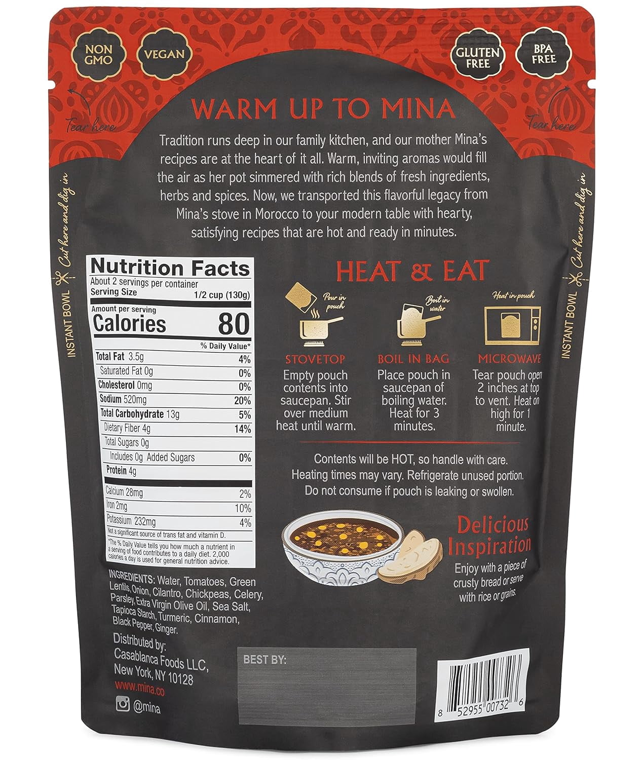 Mina Harira Moroccan Chickpeas & Lentils - 10 oz, 6 Pack, Vegan Lentil Soup, Ready to Eat Meals