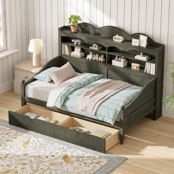 MODERNLUXE Wooden Twin Size Daybed With 2 Drawers,Retro Bed Frame With Storage Headboard Shelves for Bedroom,Guest Room,Easy Assembly,Antique Grey