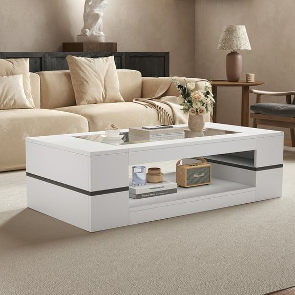 47.2" Modern White Coffee Table with Glass Top - 2-Tier Storage Design for Living Room, Reception & Dining | Sleek Rectangular Center Table