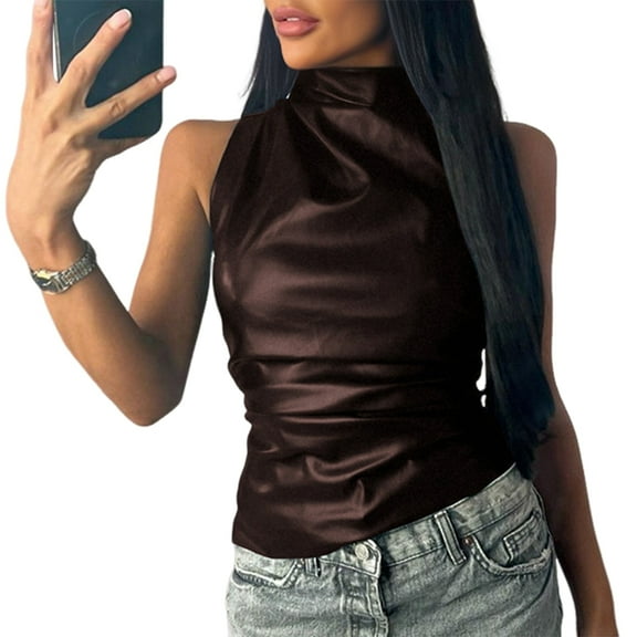 Women' Solid Mock Neck Sleeveless PU Leather Pleated Slim Fit Tank Top Brown S