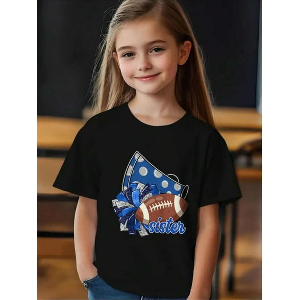 Youth Cheer Sister Blue Football Graphic T-Shirt - 180gsm Soft Knit Crew Neck Tee With Pom Pom Design, "Sister" Print For Sports Fans & Casual Wear, allseason apparel, Playful Design