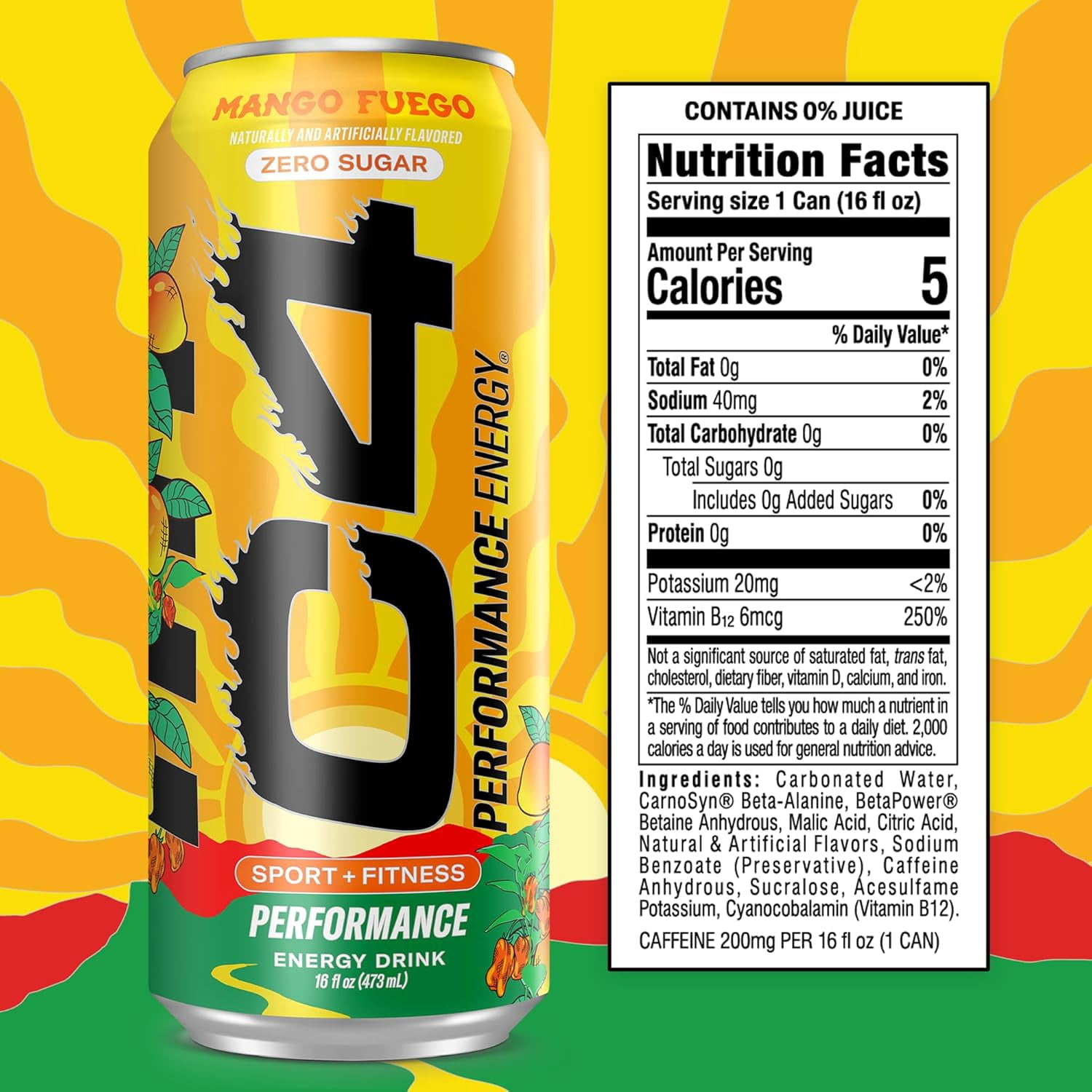 C4 Performance Energy, Sport & Fitness Energy Drink, Mango Fuego, Zero Sugar, 16 fl oz