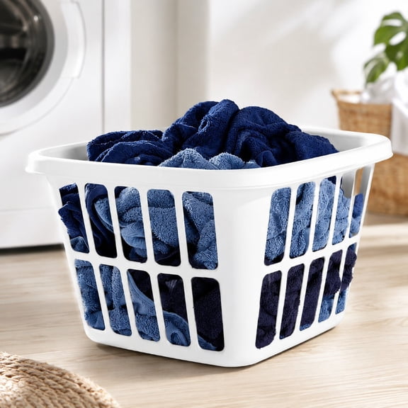 Medium White Plastic Laundry Basket, 1.25 Bu Clothes Hamper with Built-In Handles & Portable Storage