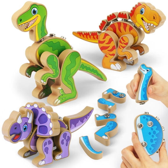 Coogam Build Your Own Dinosaurs Toy, Snap Together Building Dinosaurs Playset, Wooden STEM Take Apart Dinosaur Builder, Fine Motor Building