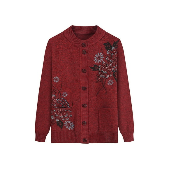 Qarigey Suéter de punto de poliéster para mujeres mayores, cálido y cómodo para primavera y otoño, ropa de mediana edad Abrigos y chamarras rojo