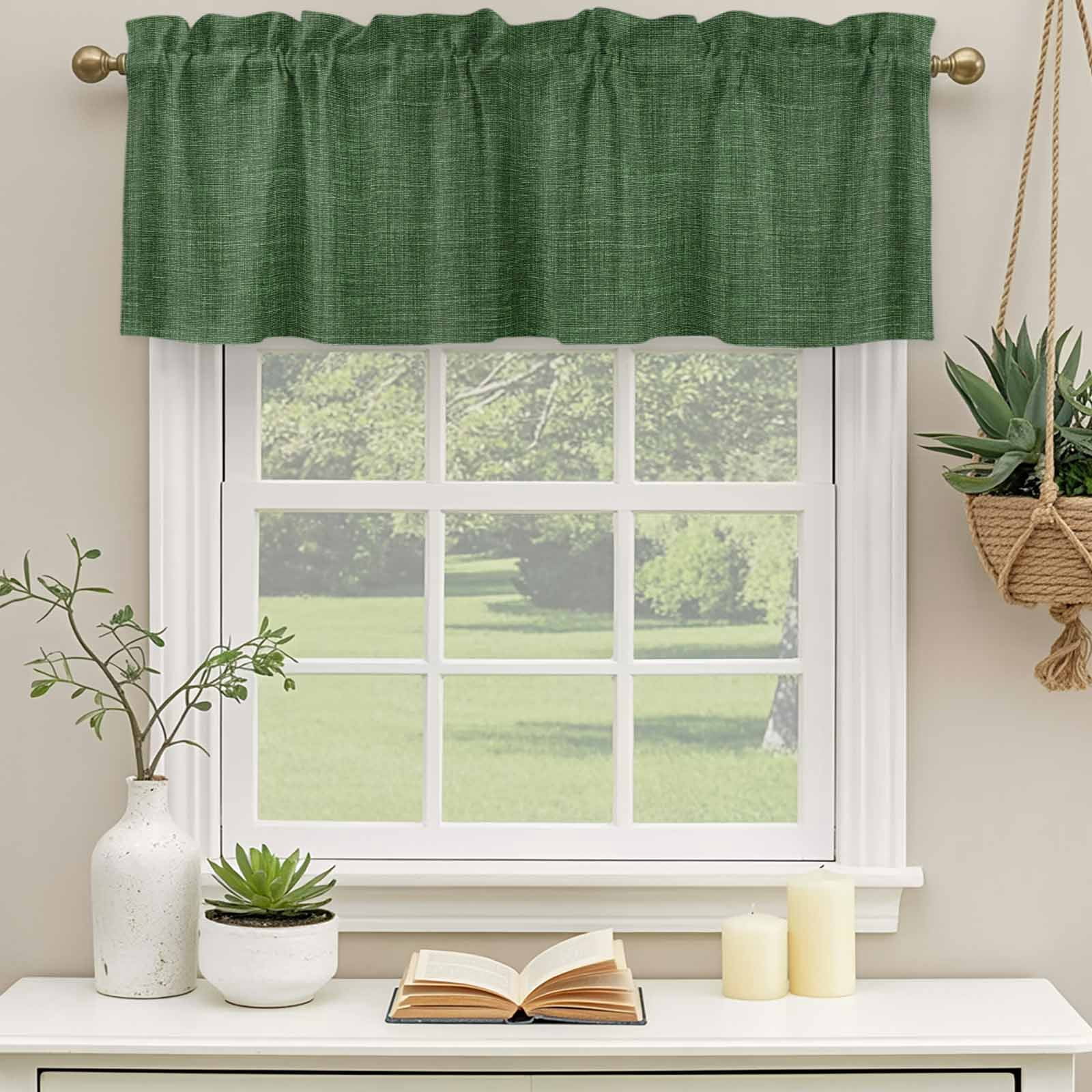 Valances for Windows, Dark Green Burlap Texture Kitchen Curtains Valances 2 Pack for Living Room Bedroom Bathroom, Farmhouse Vintage Green Light Filtering Curtains Rod Pocket Valance 42"x12"